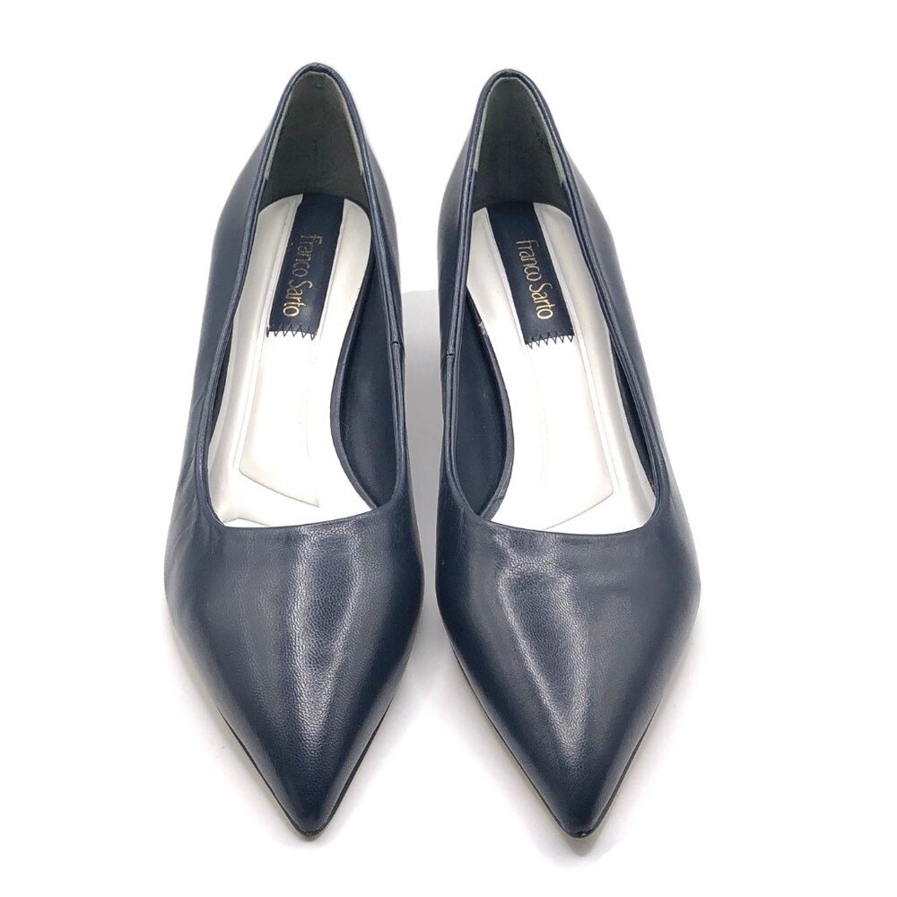 Franco Sarto Racer Navy Leather Low Block Heel Pumps Size 6